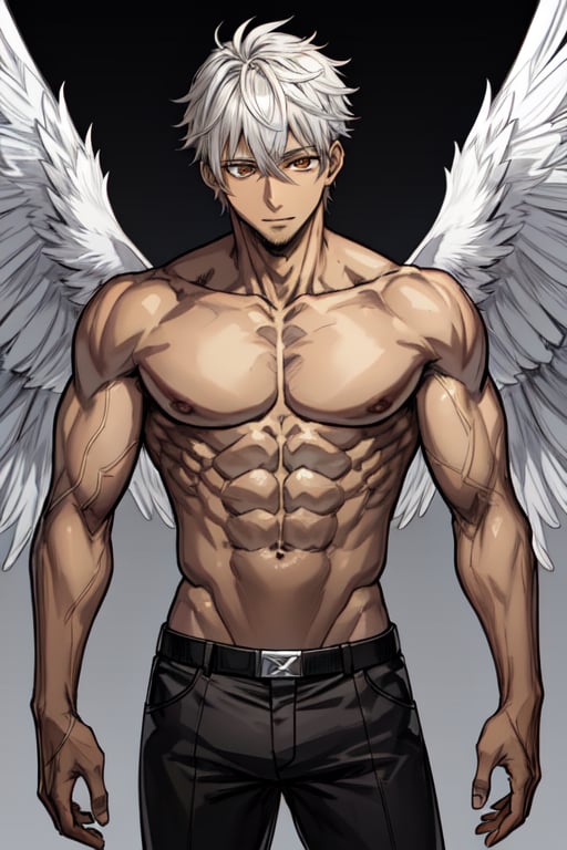 a manga cover, a man with gray wings (archangel with gray wings), ((brown skin)), ((golden eyes)) super detailed, real anime cover, manga style, anime