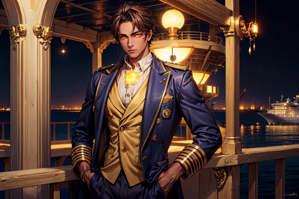 a beautiful man with brown skin, yellow-eyes, ((yellow glowing eyes)), captain of a merchant ship 2020, holding a rudder of a cruise ship, on the bridge of a ship, captain, suit, short brown hair, golden eyes, brown skin, 1boy, ((gabriell)), incredibly absurd, best quality, masterpiece, high detail eyes