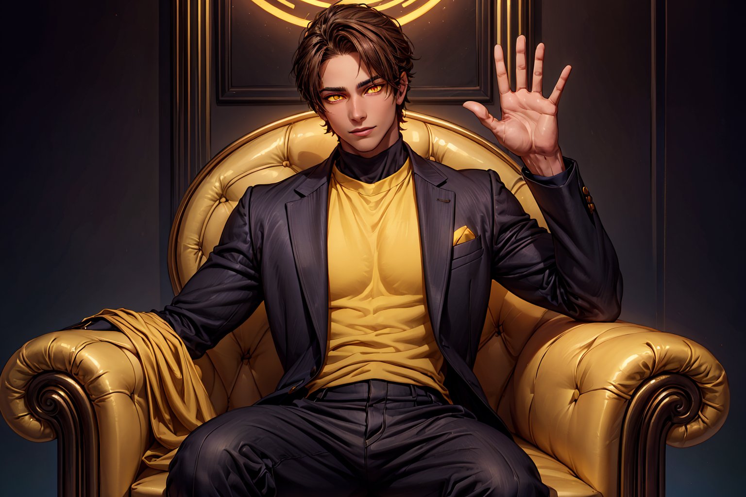 a beautiful man with brown skin, ((yellow glowing eyes)), waving at the camera with a soft smile, secret agent black sit, suit, short brown hair, golden eyes, brown skin, waving 1boy, ((gabriell)), incredibly absurd, best quality, masterpiece, high detail eyes