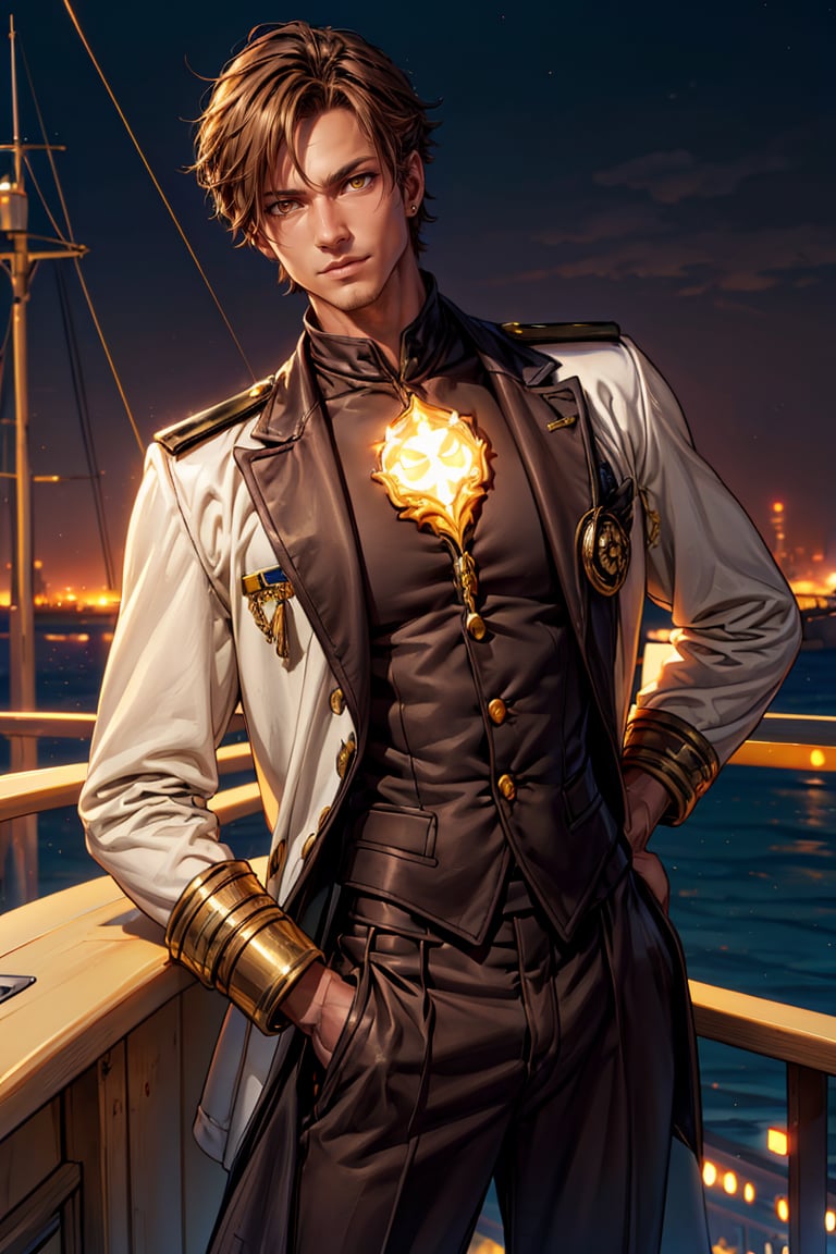 a beautiful man with brown skin, yellow-eyes, ((yellow glowing eyes)), captain of a modern merchant ship, holding a rudder of a cruise ship, on the bridge of a ship, captain, suit, short brown hair, golden eyes, brown skin, 1boy, ((gabriell)), incredibly absurd, best quality, masterpiece, high detail eyes