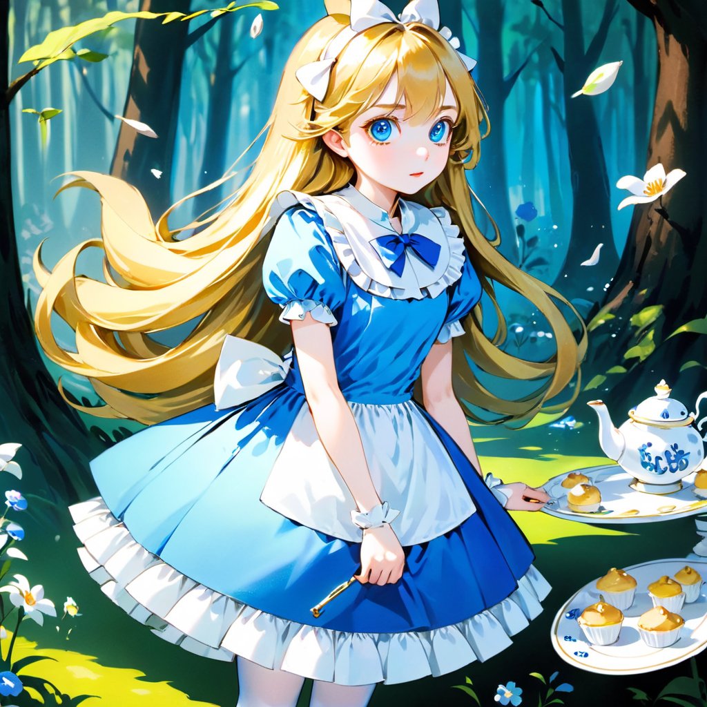 , (alice in wonderland:1.25) ,baroque, cute,fantastic colorful, outdoors (forest:1.2) ,(depth of field:1.25),(solo:1.5), (1girl),((golden hair),[messy] long hair),(bow hair band), blue eyes ,bow ,maid dress (blue+white),white pantyhose, (dramatic angle:1.2), looking to the side, books, clock , teapot, [plate], coffee cup, floating, lily (flower),(dessert:1.2),flowers meadows, (ultra-detailed:1.2),(illustration:1.25),Spirit Fox Pendant,shenshou,huayu,LinkGirl,horror,zj,watercolor \(medium\),FilmGirl,1girl,HZ Steampunk,girl