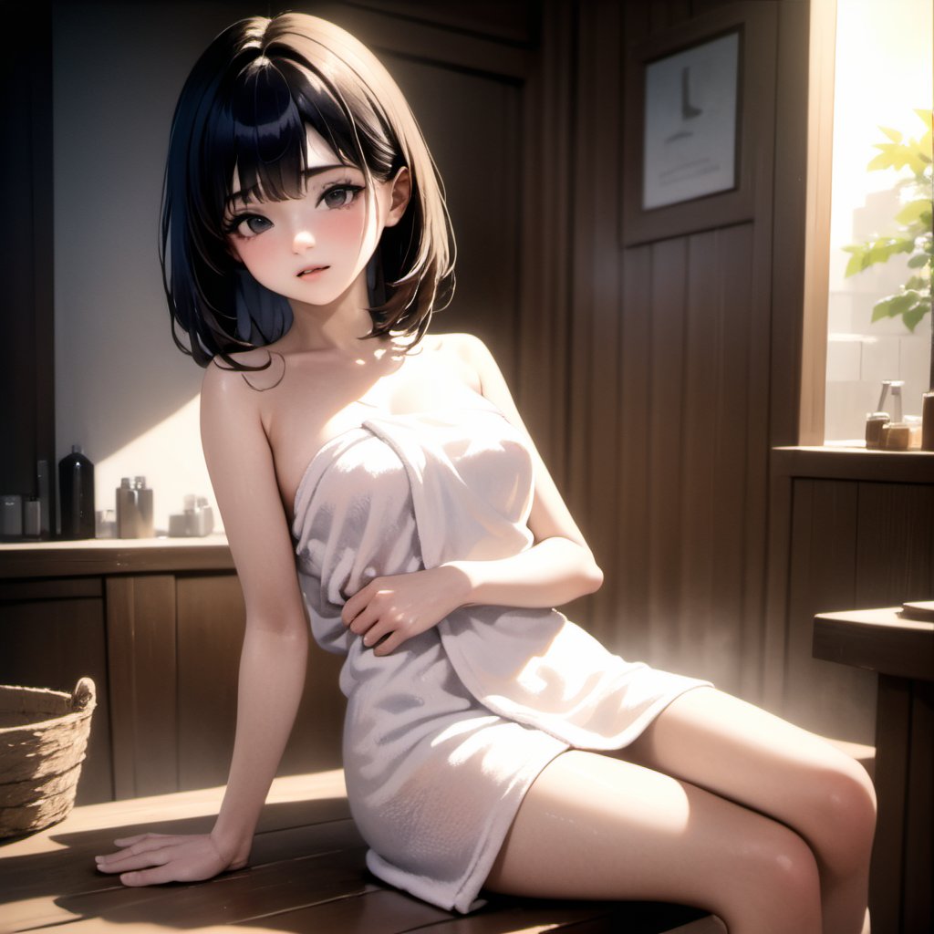 sfw, 1 girl, naked_towel, sitting, marco shot, masterpiece, best quality, highly detailed