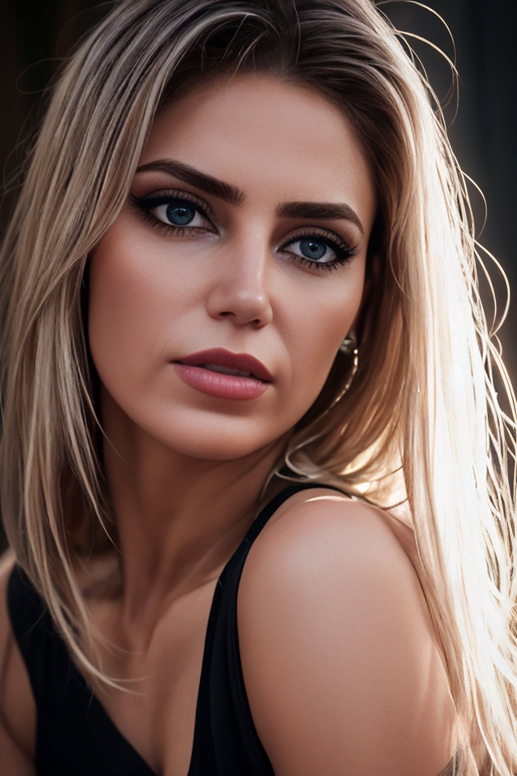 sarabala,  Best Quality,  Masterpiece,  Ultra High Resolution,  (Realisticity: 1.4),  Original Photo,  1Girl,  black Eyes, blond_hair,  Off-the-Shoulders,  Cinematic Lighting, half body 