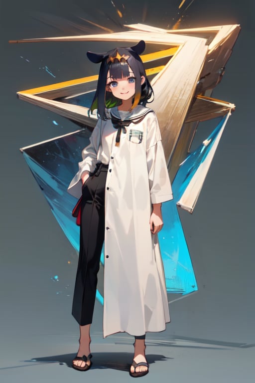 ninomae ina'nis,((masterpiece)),(perfect proportion),(8k),(((full body))),Black hair,secondary school,13 years,black pants,white oversized shirt,hand behind back,girl,smile