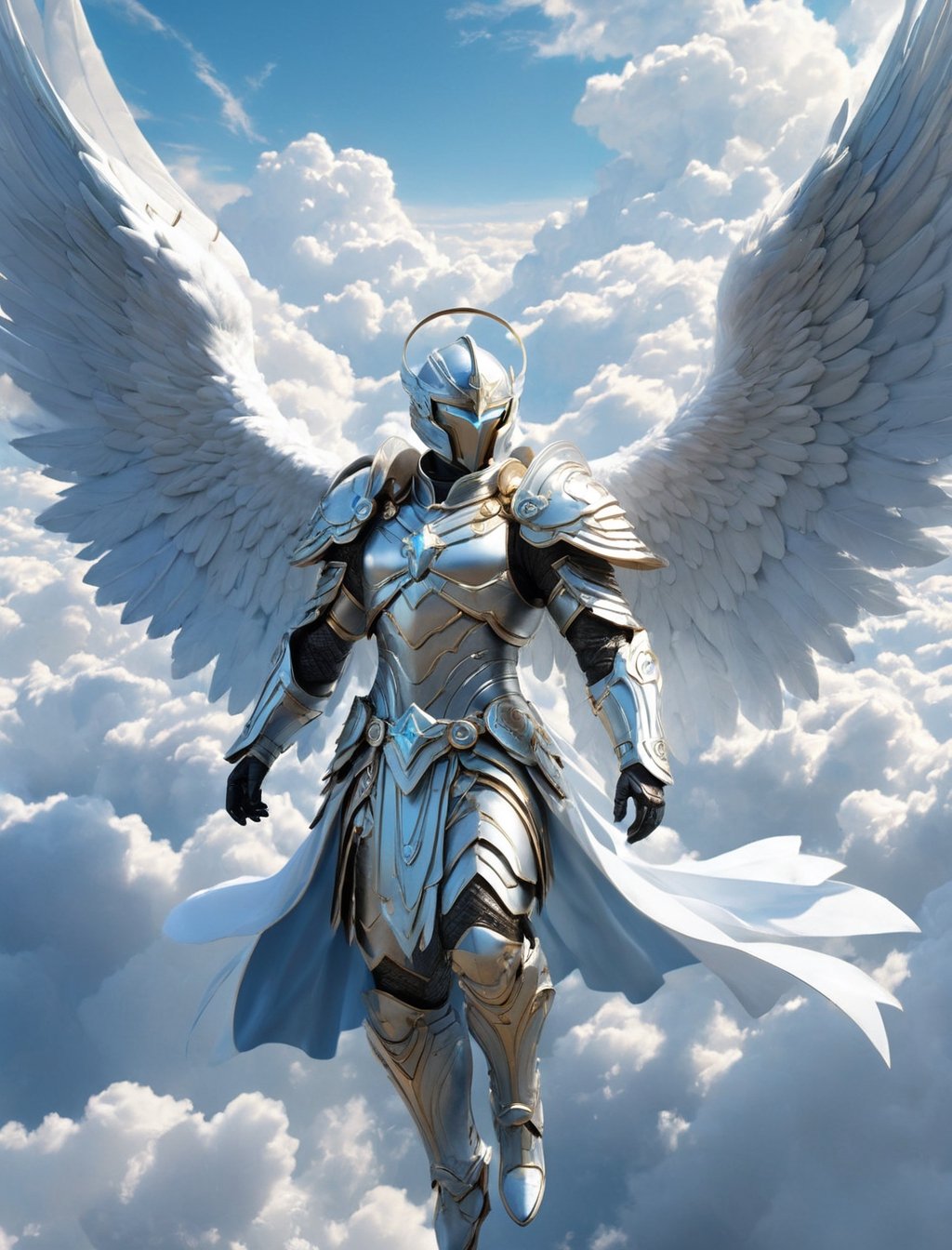 {(Standing above the clouds, a face closeup of the {archangel BREAK({full angelic armor, angelic diadem:1.5)} flying while watching from above the kingdom he is supposed to destroy:1.5)}, {(best quality impressionist masterpiece:1.5)}, (ultra detailed face, ultra detailed eyes, ultra detailed mouth, ultra detailed body, ultra detailed hands, detailed clothes), (immersive background + detailed scenery), {symmetrical intricate details + symmetrical sharpen details}, {(aesthetic details + beautiful details + harmonic details)}