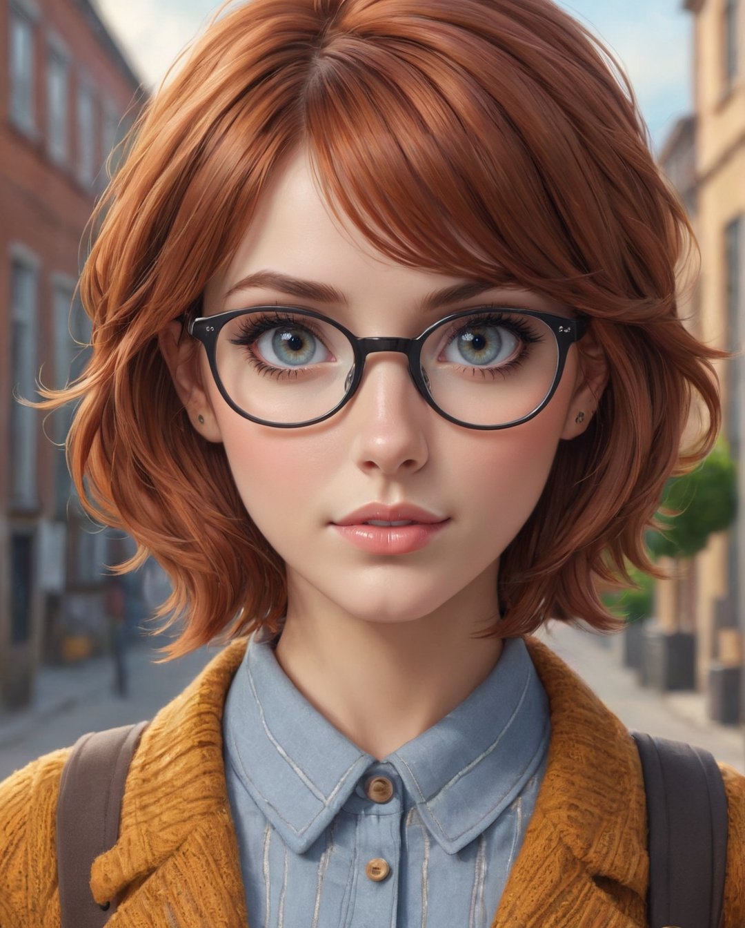 {(closeup, woman, cute, {short auburn hair}, (grey colored eyes), {{nerd clothes, {nerd glasses}}, facing the viewer, school background, (masterpiece:1.5), (best quality:1.5), (beautiful + aesthetic + harmonic), (ultra detailed face, ultra detailed eyes, ultra detailed mouth, ultra detailed body, ultra detailed hands, ultra detailed clothes, ultra detailed background:1.5), ({symmetrical intricate details + sharpen symmetrical details}:1.5) 