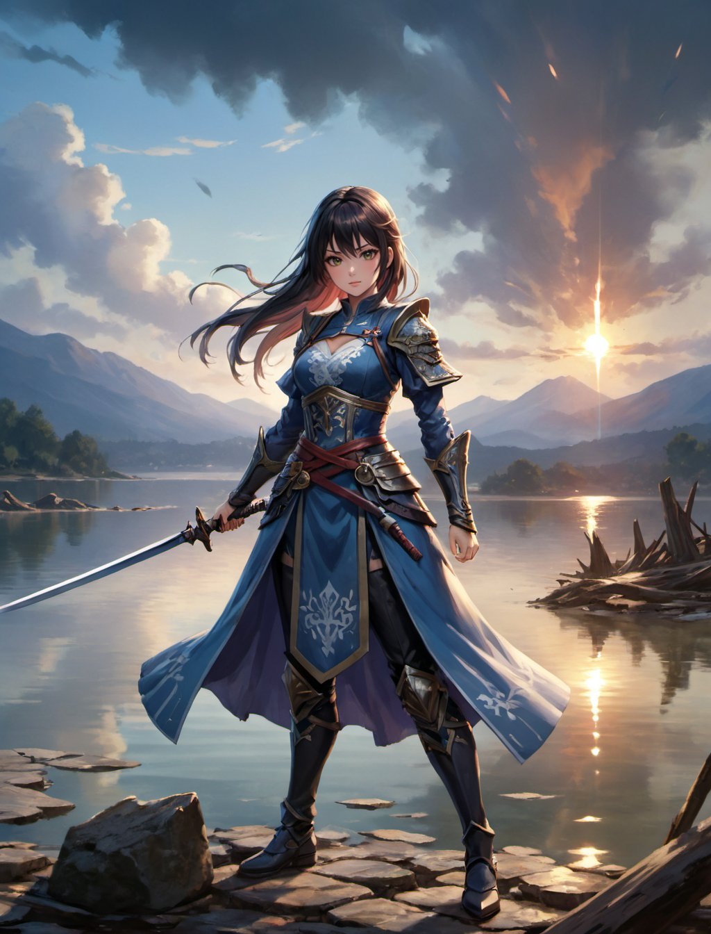 {(at the lakeside, the graciousness of the female swordsman showing the prowess and mastery of her craft and art, with a simple stance she stands in unison with the destroyed landscape that surrounds her:1.5)}, {(best quality impressionist anime masterpiece:1.5)}, (ultra detailed face, ultra detailed eyes, ultra detailed mouth, ultra detailed body, ultra detailed hands, detailed clothes), (immersive background + detailed scenery), {symmetrical intricate details + symmetrical sharpen details}, {(aesthetic pleasant details + beautiful details + harmonic details)}