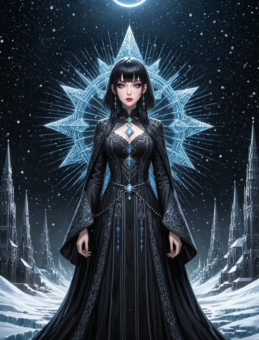 {(Embraced by a mesmerizing and exotic night with snow falling, {(the perilous and emotionless {ice mage} BREAK(dressed with a {goth styled makeup, goth styled mage robe with intricate {magical runes} as details}}, dark colored hair with bangs, light colored eyes:1.5)} stands while staring those that try to invade her territory:1.5)}, {(best quality anime masterpiece:1.5)}, (ultra detailed face, ultra detailed eyes, ultra detailed mouth, ultra detailed body, ultra detailed hands, detailed clothes), (immersive background + detailed scenery), {symmetrical intricate details + symmetrical sharpen details}, {(aesthetic details + beautiful details + harmonic details)},greg rutkowski