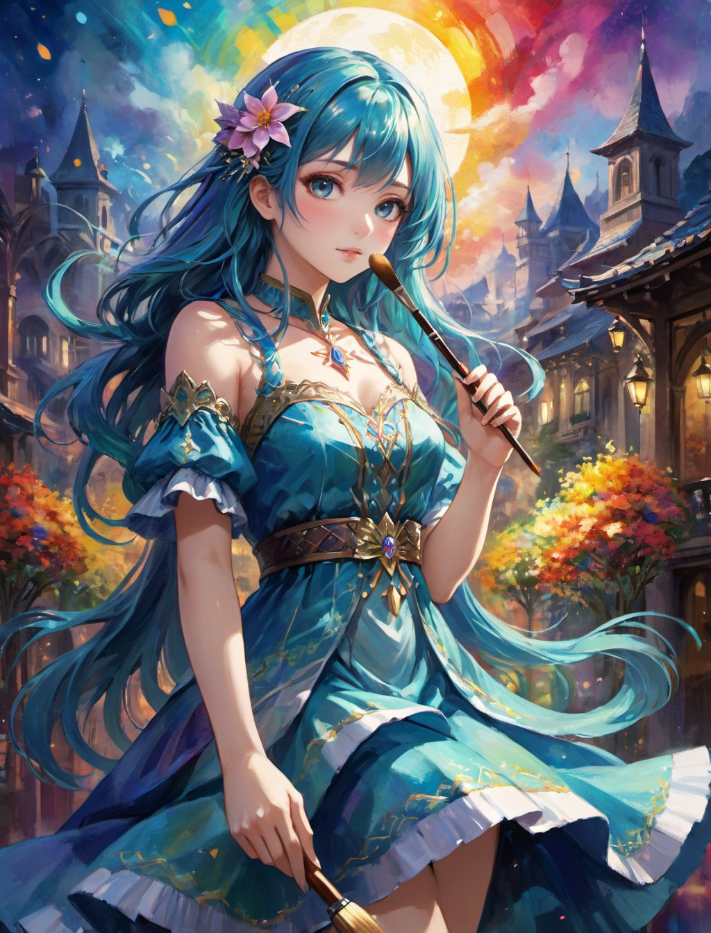 {(Surpassing her previous artkwork, the {magic painter} holding her brush, paints the world with her magical colors, with glimpses of watercolor magic around the area she amazes the citizens of her kingdom with a colorful and beautiful magic:1.5)}, {(best quality impressionist anime masterpiece:1.5)}, (ultra detailed face, ultra detailed eyes, ultra detailed mouth, ultra detailed body, ultra detailed hands, detailed clothes), (immersive background + detailed scenery), {symmetrical intricate details + symmetrical sharpen details}, {(aesthetic pleasant details + beautiful details + harmonic details)}