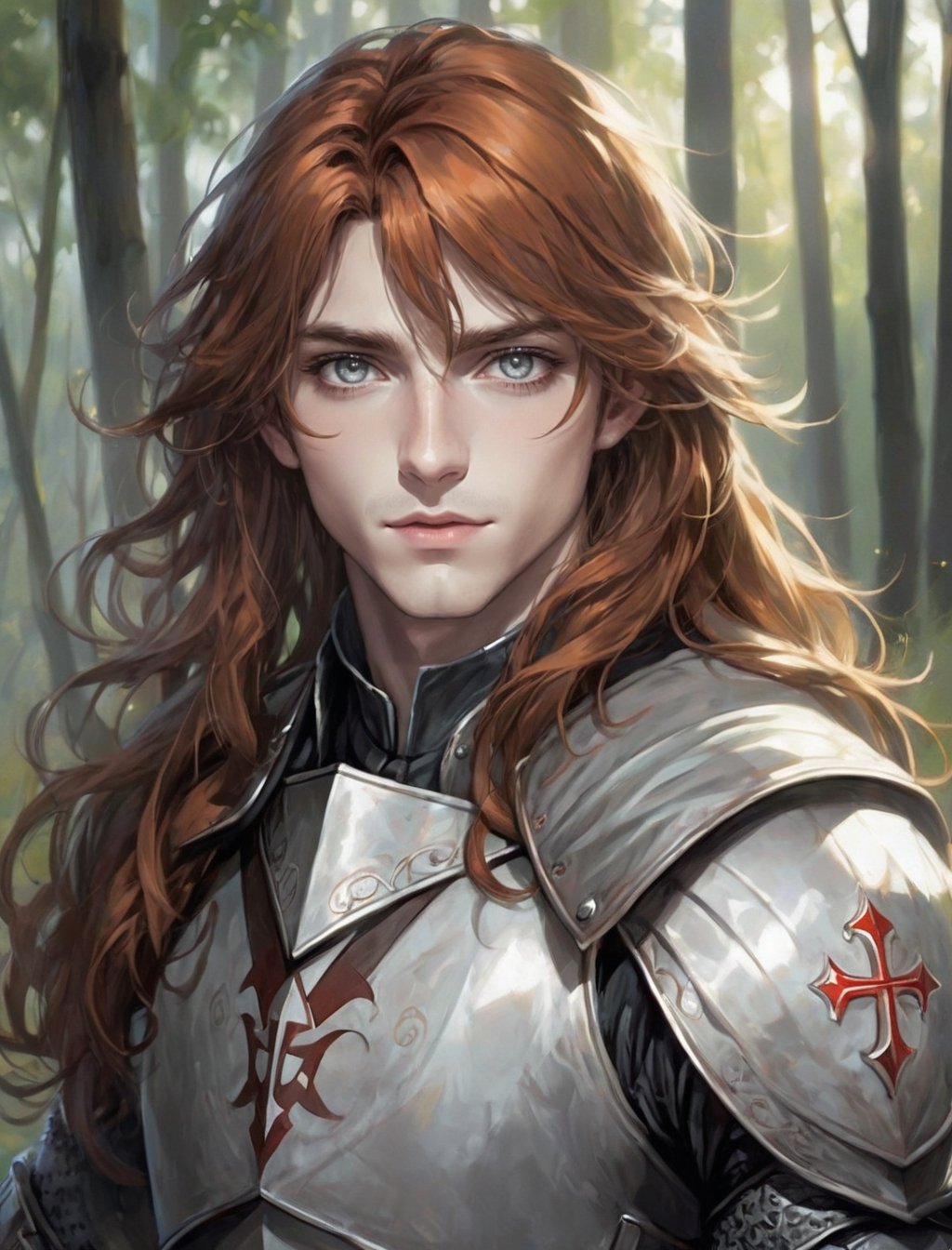 {(embranced by a beautiful forest background the {{male templar}} BREAK(fair faced, long wavy auburn hair, grey colored eyes, wearing a {{dark styled and colored {templar armor}:1.5)}:1.5)} stares at the viewer trying to decide wether is friend or foe:1.5)}, {(best quality impressionist masterpiece:1.5)}, (ultra detailed face, ultra detailed eyes, ultra detailed mouth, ultra detailed body, ultra detailed hands, detailed clothes), (immersive background + detailed scenery), {symmetrical intricate details + symmetrical sharpen details}, {(aesthetic details + beautiful details + harmonic details)}