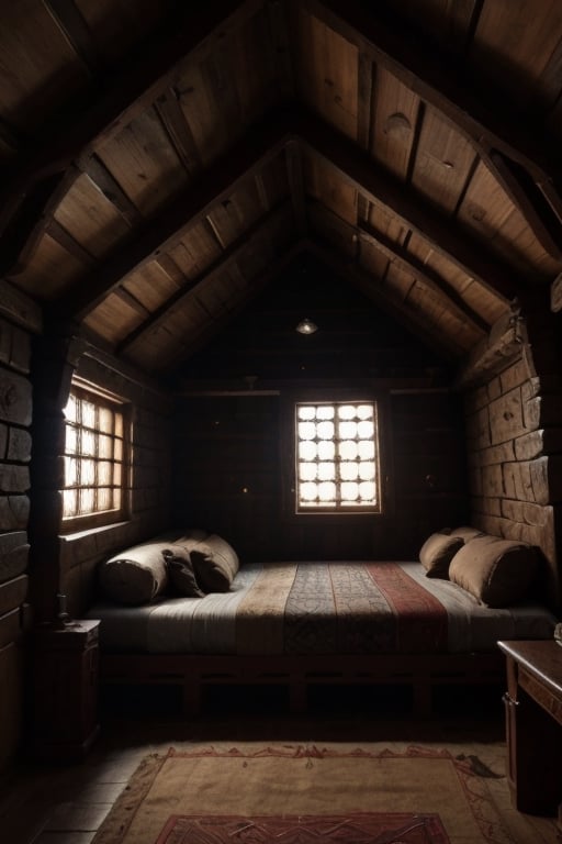 Interior de carpa de tela medieval celta con  cama (inspirado en the witcher y juego de tronos)