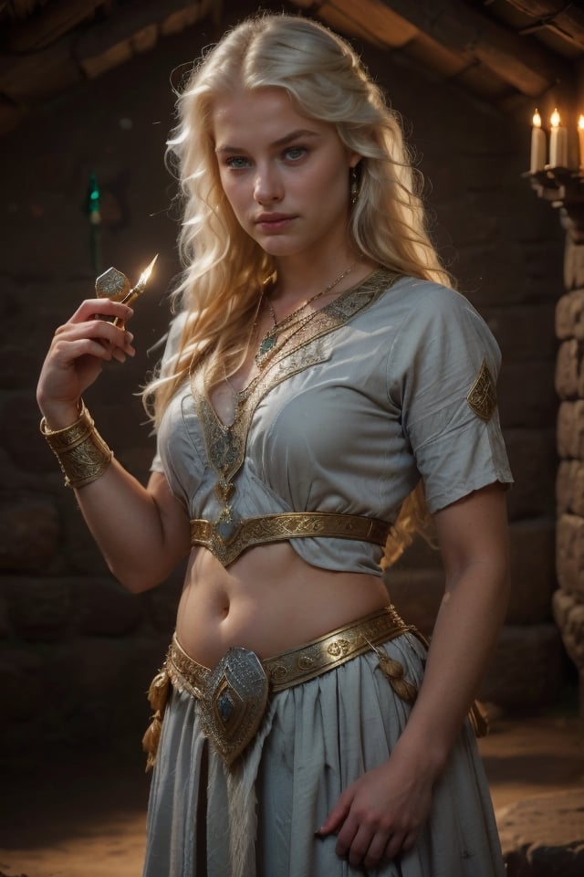 (alta definición, nitidez de imágen, Medieval ofensiva position Small dagger in hand, luz oscura en masmorra, calabozo tenebroso, pobre iluminación) (14 year old blonde teenager Ciri) youthful face and body) beautiful girl with very long blonde hair, emerald green eyes (green eyes).
. (Small chest, flat chest) Innocent face expression, ( inside a masmorra, calabozo, medieval Celtic theme) 


Dress clothing white custome like a belly dancer, belly dancer outfit Of gold and coins 