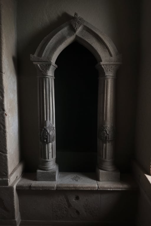 Cuarto de dondella celta con paredes de piedra gris, cama amplia con cortinajes medievales celtas, candelabros (ambientación a the Witcher y juego de tronos)