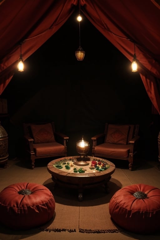 Interior de carpa medieval celta, cama , y mesa con frutas y vino en una jarra de ceramica (inspirado en the witcher y juegos de tronos)