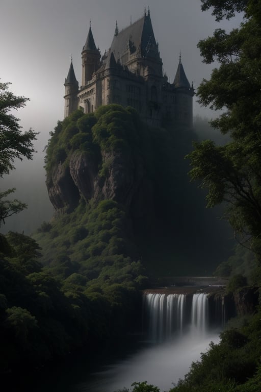 Castillo en una gran cantidad de neblina y bosques espesos, ambientación oscura, temática tetrica