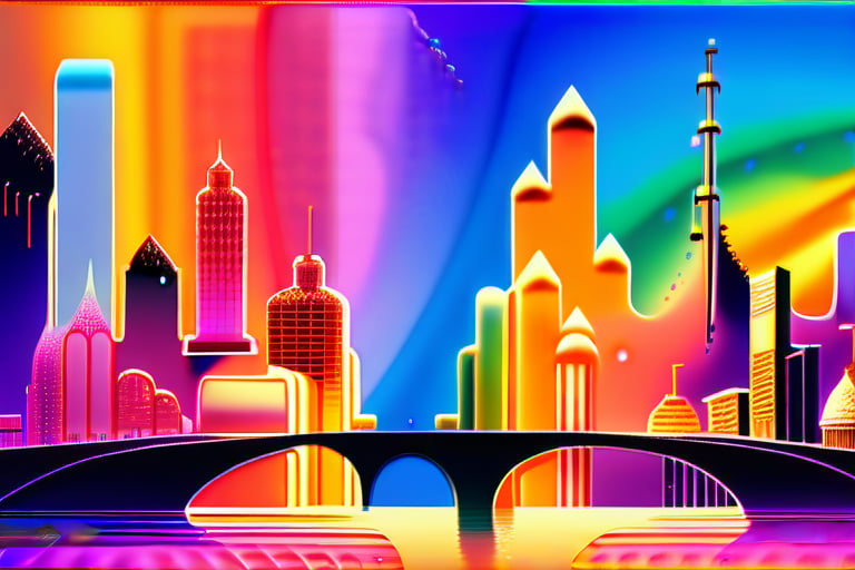 A city is built from fractals, mathematical functions, mandelbrot sets or julia sets, a bridge connects two differently colored parts of the city, golden glitter particles of different sizes float in the sky, on the ground a color gradient of rainbow-colored milk flows from the sewage system.