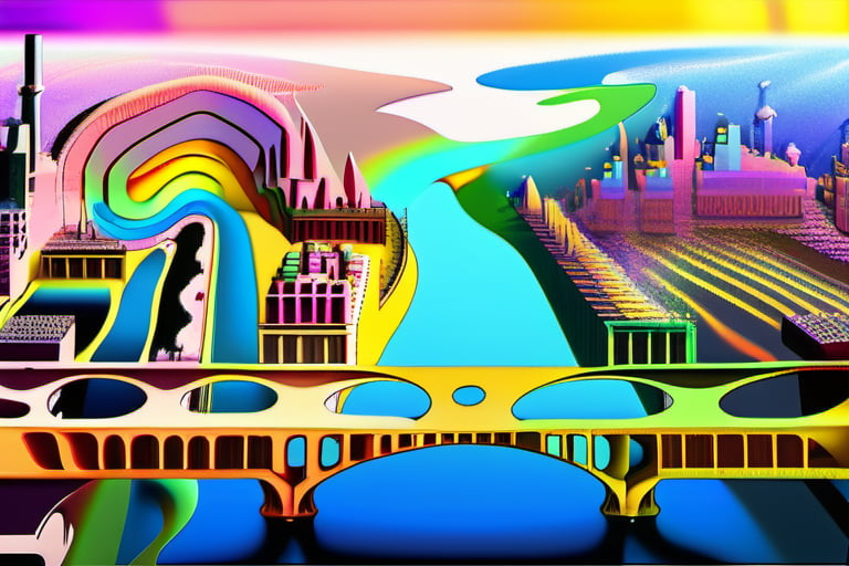 A city is built from fractals, mathematical functions, mandelbrot sets or julia sets, a bridge connects two differently colored parts of the city, golden glitter particles of different sizes float in the sky, on the ground a color gradient of rainbow-colored milk flows from the sewage system.