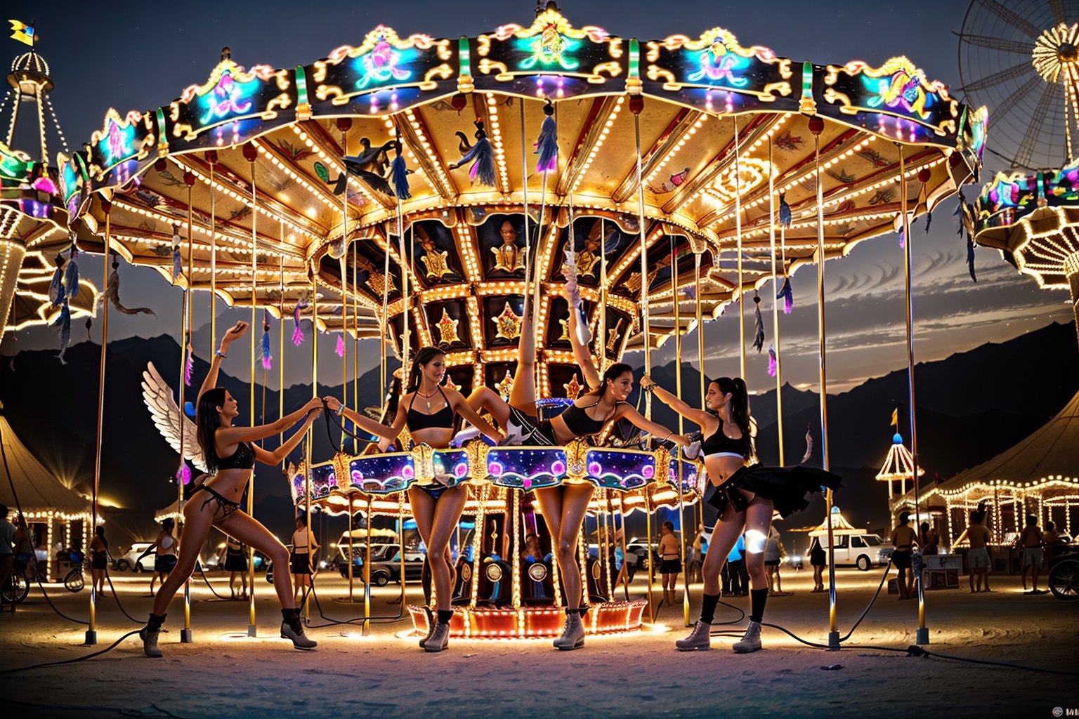 a converted car with a hover drive, wings, lots of lamps and decorations stands in front of a carousel at the burning man festival, without a roof, two levers are used for steering. two ladies in a sexy pose wash the mobile with a damp sponge.