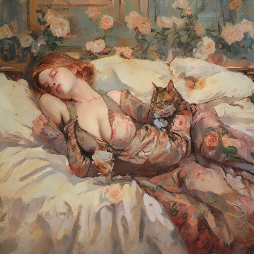 A woman lies on the side of her stomach on a bed. She wears lingerie. A sleeping cat lies on her back. The room is designed in Art Nouveau style. There is a vase of roses on a table. A painting by Vincent van Gogh hangs on the wall.