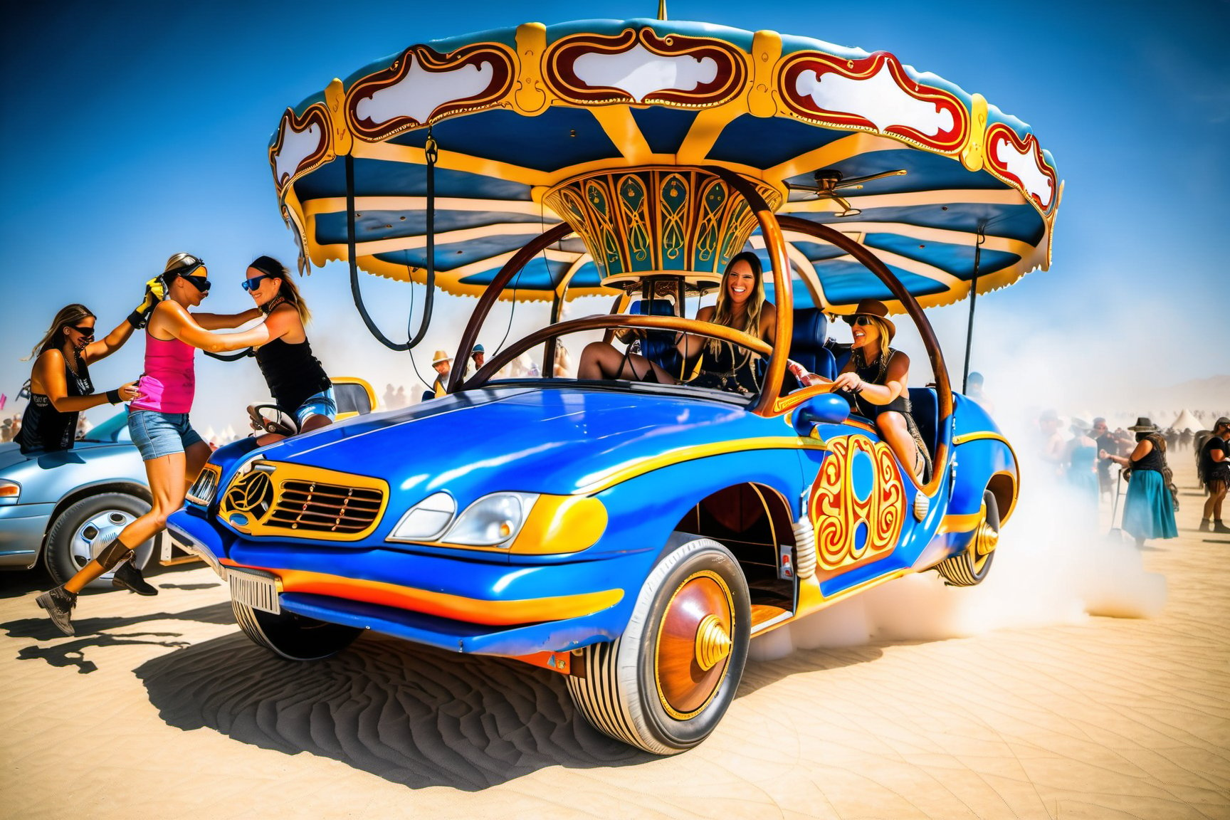 a converted carousel car with hover drive at the burning man festival, without a roof, two control levers serve as steering wheels. two ladies are cleaning the car while squatting.