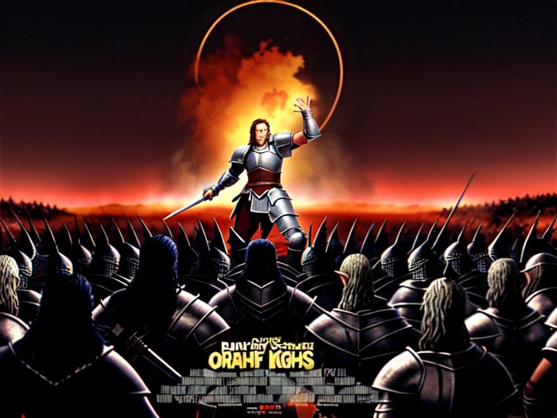 a film poster shows a battlefield of thousands, fighting knights against orcs around a ring. The ring is held up to the red sky by a hand on an outstretched arm in the middle of the picture.