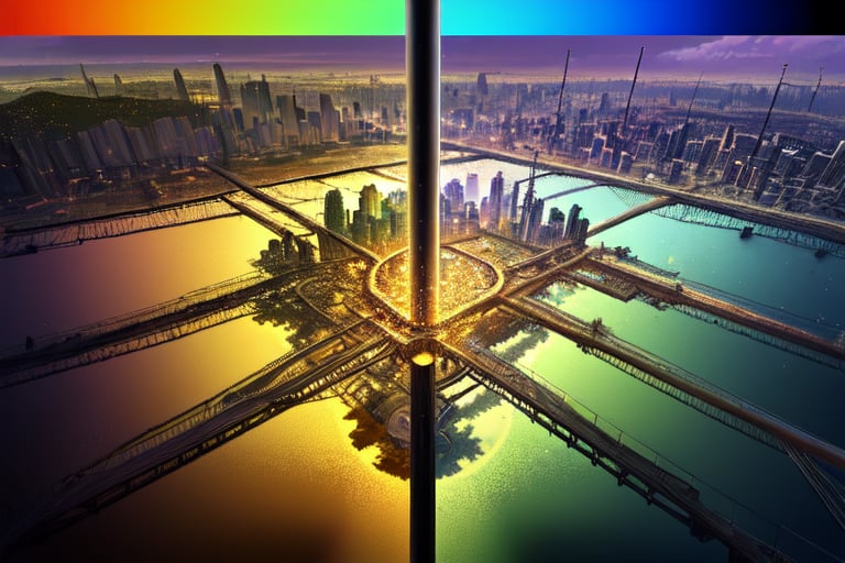 A city is built from fractals, mathematical functions, mandelbrot sets or julia sets, a bridge connects two differently colored parts of the city, golden glitter particles of different sizes float in the sky, on the ground a color gradient of rainbow-colored milk flows from the sewage system.