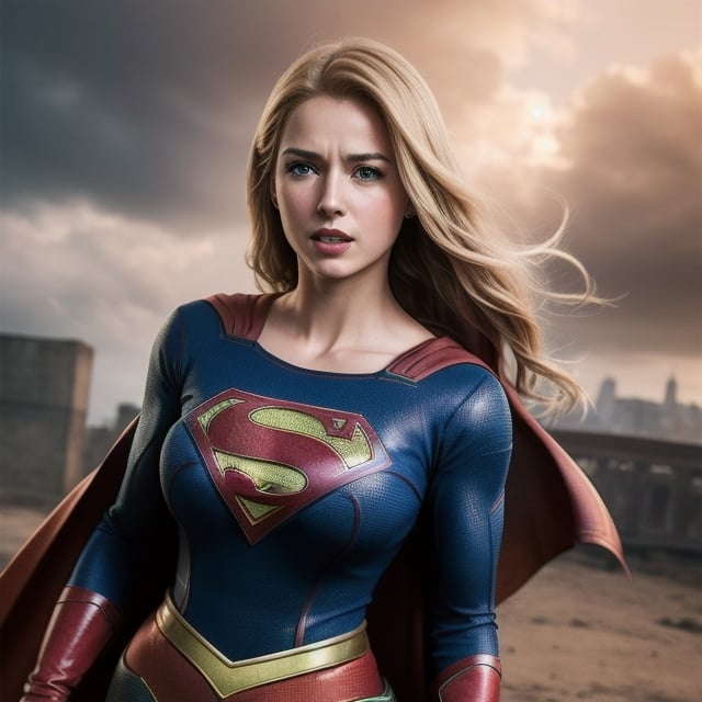 Create a realistic photo of a woman dressed as a supergirl with big boobs, long yellow hair, high mood, detailed.