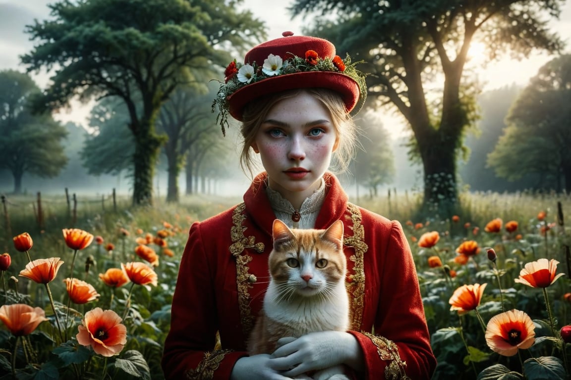 Against a serene backdrop of misty blue-gray hues, a statuesque figure clad in a striking red coat with intricate gold trim, stands out like a poppy against a verdant meadow. A matching elaborate red hat adorned with delicate white flowers and lush greenery crowns their head, as they tenderly cradle an orange and white cat with piercing blue eyes. Soft, diffuse lighting casts a warm glow on the scene, making the rich tones of the coat and hat pop against the calming atmosphere. The composition is framed by a gentle curve of trees in the distance, subtly hinting at the serenity of the setting. As the subject's gaze softly focuses on their feline companion, the air is filled with an aura of elegance and companionship.