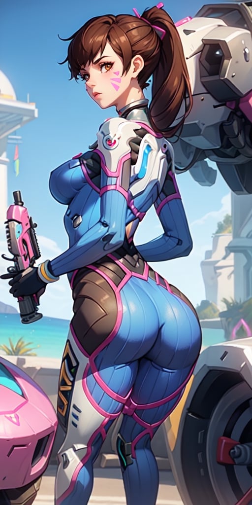 , Deeva \(overwatch 1 version\), 1girl, d.va \(overwatch 1/),  ponytail, ass, brown hair, weapon, gun, robot, whisker markings, mecha, bodysuit, solo, meka (overwatch), handgun, breasts,round ass