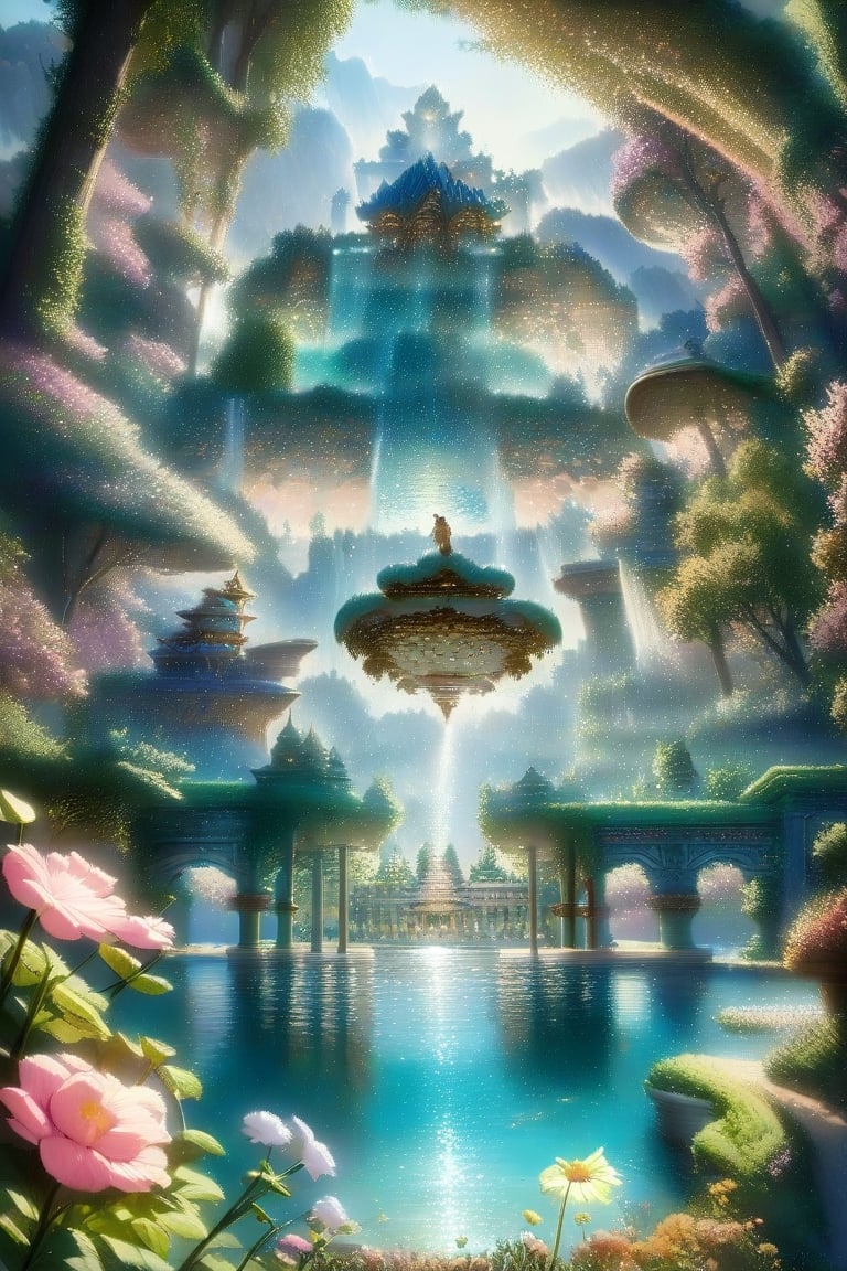 (extremely detailed CG unity 8k wallpaper),(((masterpiece))), (((best quality))), ((ultra-detailed)), (best illustration),(best shadow), ((an extremely delicate and beautiful)),dynamic angle,floating, fairyland,dynamic angle,sea of flowers,beautiful detailed garden,wind,classic,spring, (detailed light),feather, nature, (sunlight), river, forest,(((floating palace))),((the best building)),beautiful and delicate water,(painting),(sketch),(bloom),(shine),breasts