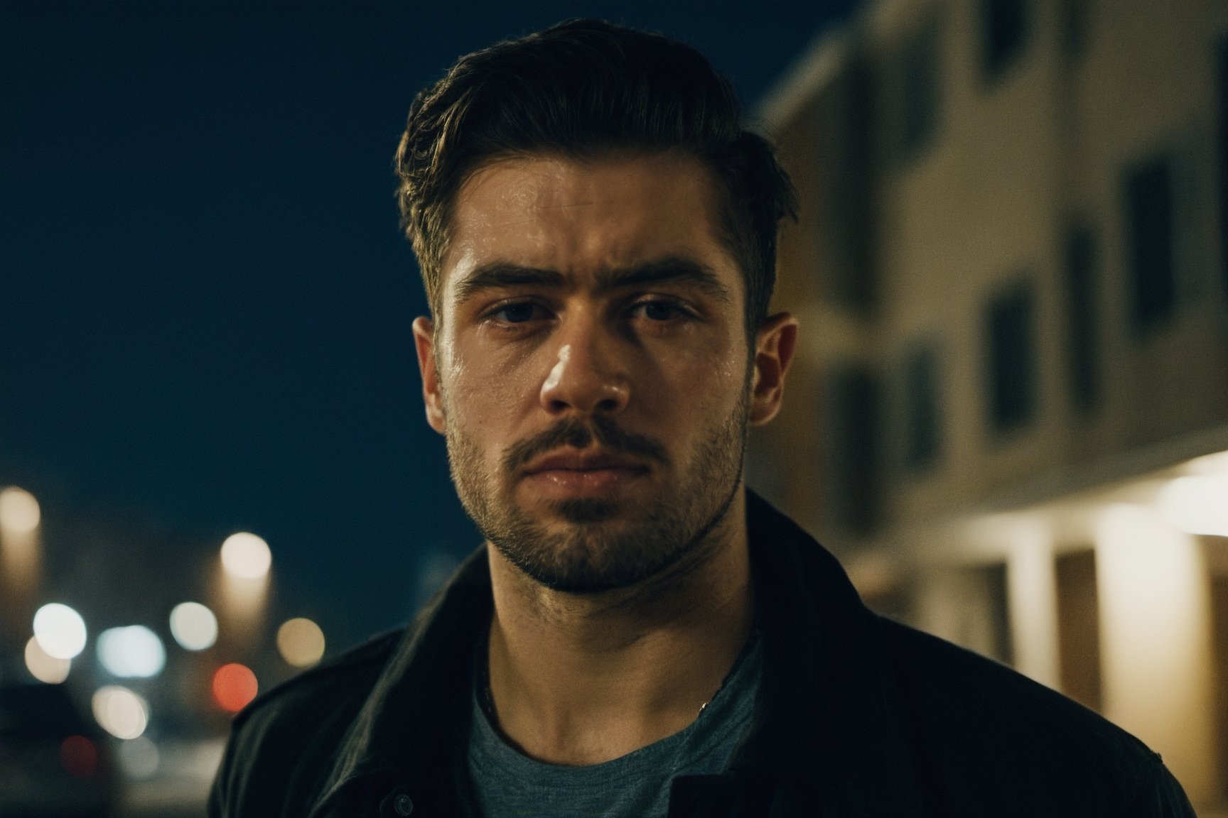 Cinematic, Photograph of a sad handsome young man close-up walks at night along a city street past squalid five-story panel houses, photorealism, cinematic,photo r3al,male