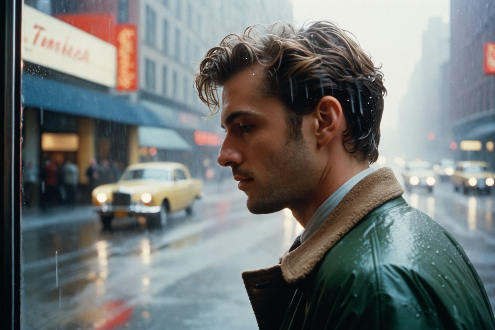 RAW candid cinema, 16mm, color graded portra 400 film, remarkable color, ultra realistic, textured skin, remarkable detailed pupils, realistic dull skin noise, visible skin detail, skin fuzz, dry skin, shot with cinematic camera of (((  side view Photo by Saul Leiter. Motion blur imageof a young man walking in the rain, handsome man looks out of a train window, looking through frosted glass, dirty windows, an example of saul leiter's work, lofi portrait at a window, by Gerhard Richter, frosted glass, seen through a window, mirror, a photo of an old opened camera, Hyper realistic, detailed, natural lighting, subdued colors, classic vibe, perfect composition, beautiful detailed intricate insanely detailed octane render))), brushwork mastery, magewave, whistlerian, fine lines. ,Extremely Realistic,aesthetic portrait,detailmaster2,photo r3al