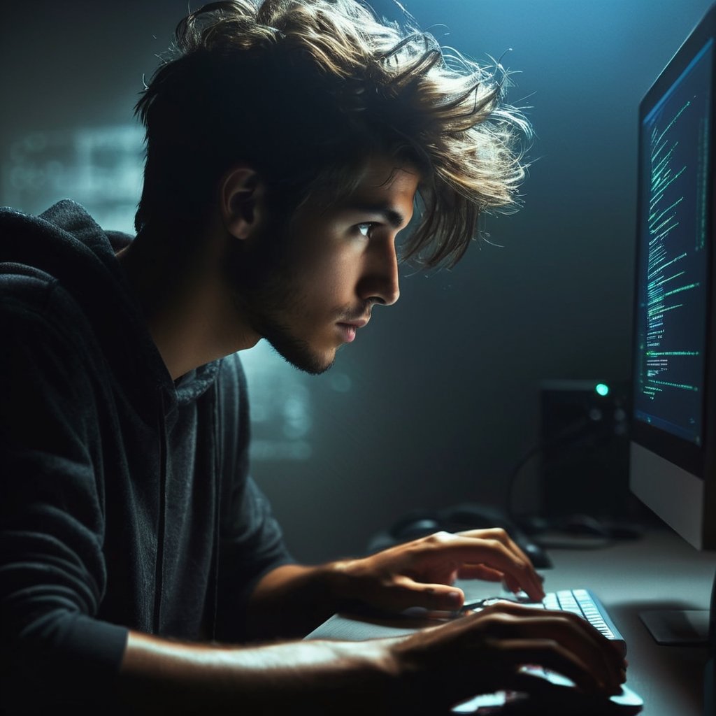 Generate an image of a young hacker immersed in a code routine in front of his computer. Picture him with an athletic build and disheveled hair, emphasizing his dedication to the digital realm. Set the scene in a dimly lit environment, creating a penumbral atmosphere. Showcase the intensity of the coding session, with the glow of the computer screen illuminating the determined expression on the hacker's face. Focus on details like the technical setup and the hacker's posture to convey a sense of skill and concentration.