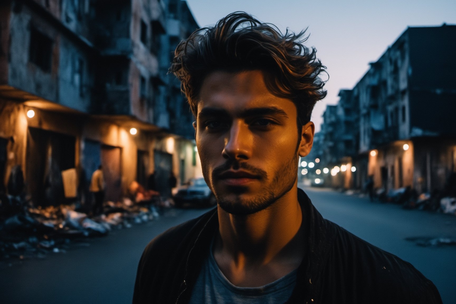 Cinematic, Photograph of a handsome young man, melancholic expression,  close-up walks at night along a city street past squalid five-story panel houses,detailmaster2