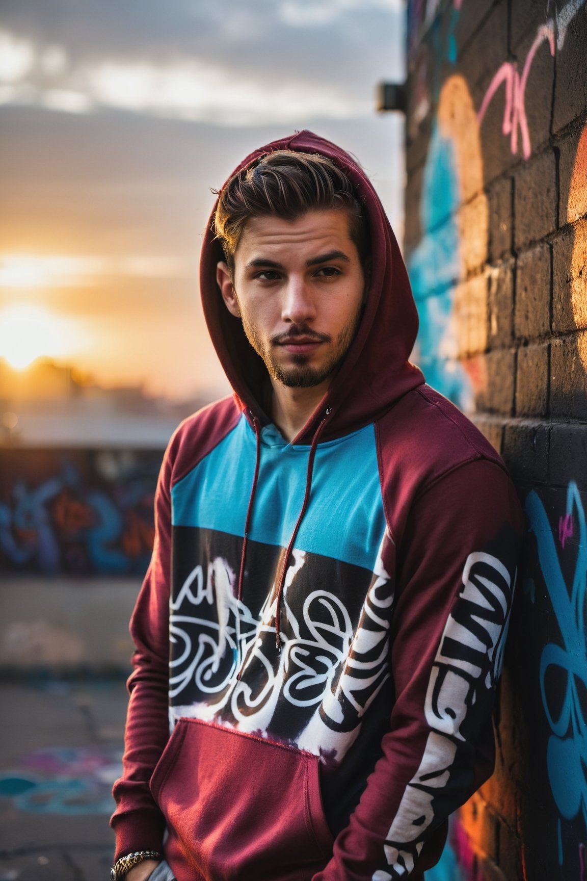 a captivating portrait of a ((handsome young man)), slumped against a wall adorned with vibrant graffiti, the sunset behind him creating elongated shadows, shallow depth of field highlighting, an urban backdrop setting the stage, captured with high-contrast chiaroscuro, Dressed with Pullover Hoodie, Zip Bottom Jogger, r4w photo
,male