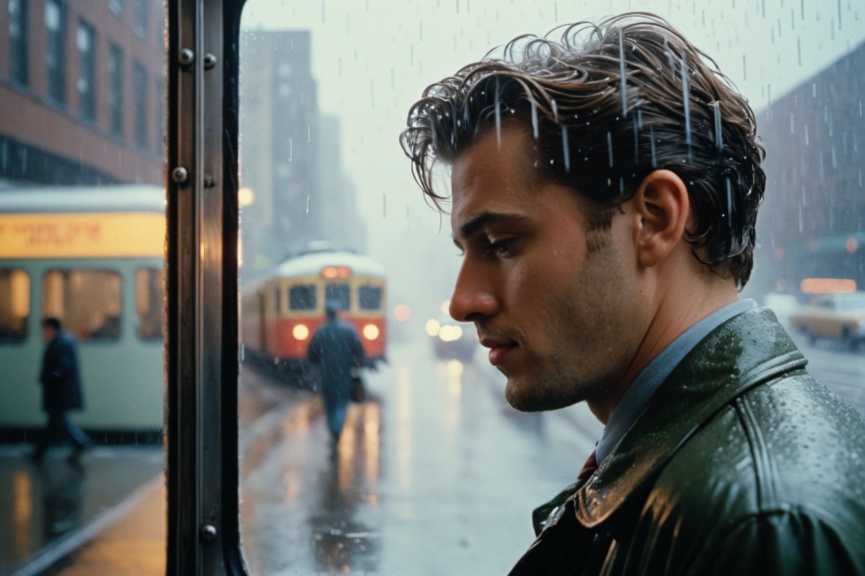 RAW candid cinema, 16mm, color graded portra 400 film, remarkable color, ultra realistic, textured skin, remarkable detailed pupils, realistic dull skin noise, visible skin detail, skin fuzz, dry skin, shot with cinematic camera of (((  side view Photo by Saul Leiter. Motion blur imageof a young man walking in the rain, man looks out of a train window, looking through frosted glass, dirty windows, an example of saul leiter's work, lofi portrait at a window, by Gerhard Richter, frosted glass, seen through a window, mirror, a photo of an old opened camera, Hyper realistic, detailed, natural lighting, subdued colors, classic vibe, perfect composition, beautiful detailed intricate insanely detailed octane render))), brushwork mastery, magewave, whistlerian, fine lines. ,Extremely Realistic,aesthetic portrait,detailmaster2,photo r3al