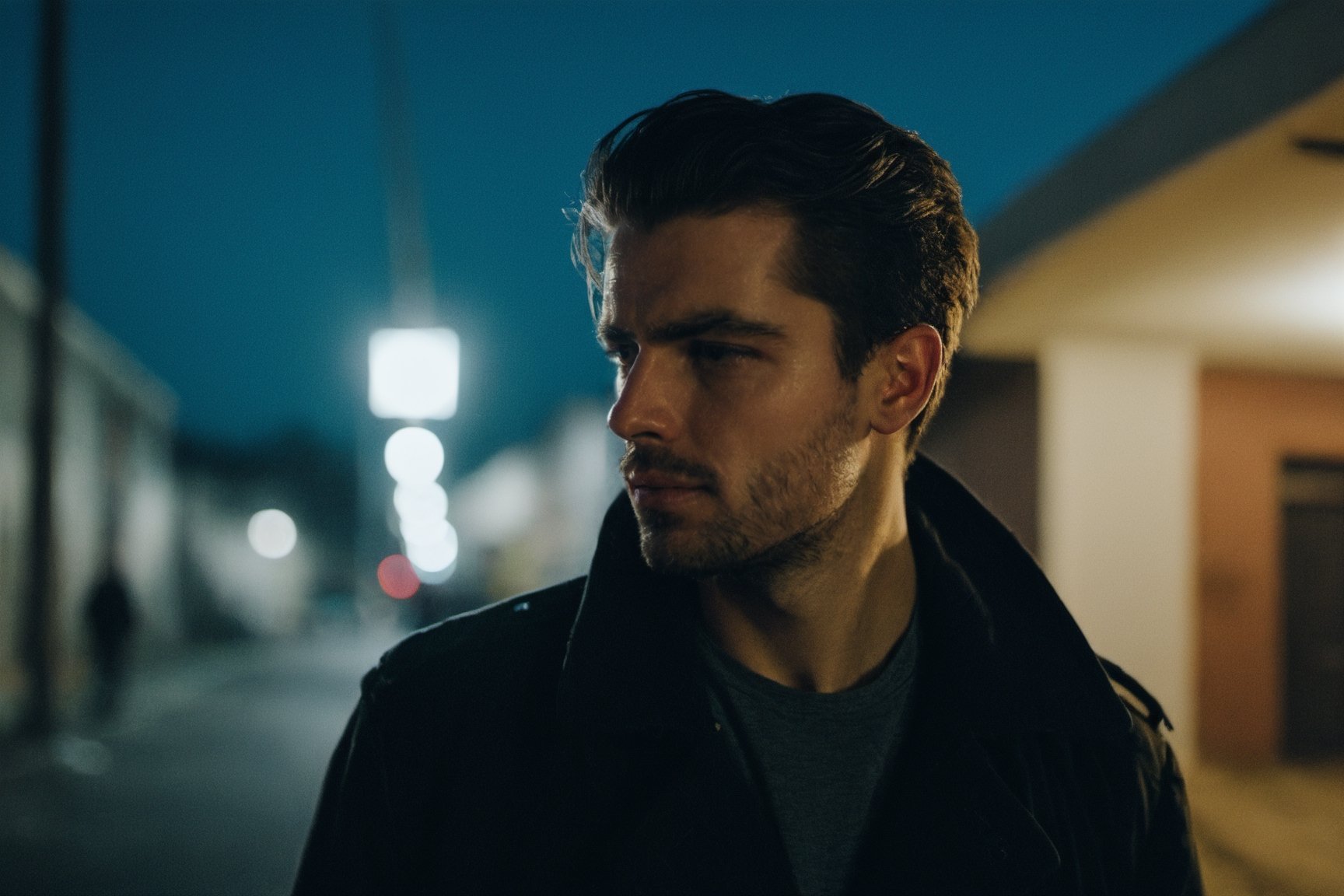 Cinematic, Photograph of a sad handsome young man close-up walks at night along a city street past squalid five-story panel houses, photorealism, cinematic,photo r3al,male