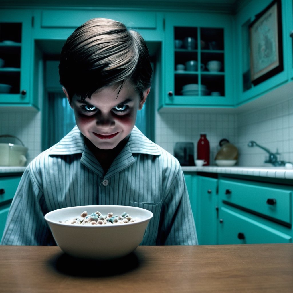 Horror Movie still. Menacing male boy possessed by evil, before a bowl of cereal in a pristine kitchen with disturbing and piercing stare to the camera, disturbingly neat clothing, unnaturally clean surroundings, in a deceptively orderly kitchen, 1960's style kitchen furniture, (Aquamarine, NavajoWhite and Red color palette), suffocating suspense, high-intensity horror drama style, chilling realistic effects,photo r3al,darkart