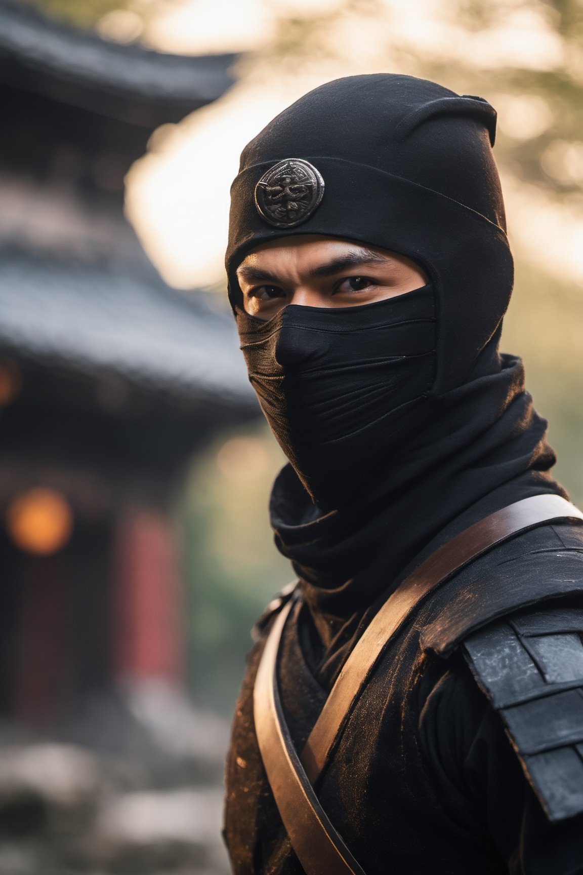 close-up shot of a young male ninja wearing black ninja suit fighting | looking at camera | blurred bokeh ancient temple background,N1njaScroll,cip4rf