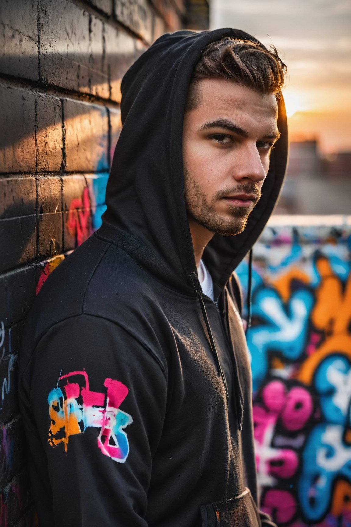 a captivating portrait of a ((handsome young man)), slumped against a wall adorned with vibrant graffiti, the sunset behind him creating elongated shadows, shallow depth of field highlighting, an urban backdrop setting the stage, captured with high-contrast chiaroscuro, Dressed with Pullover Hoodie, Zip Bottom Jogger, r4w photo
,male