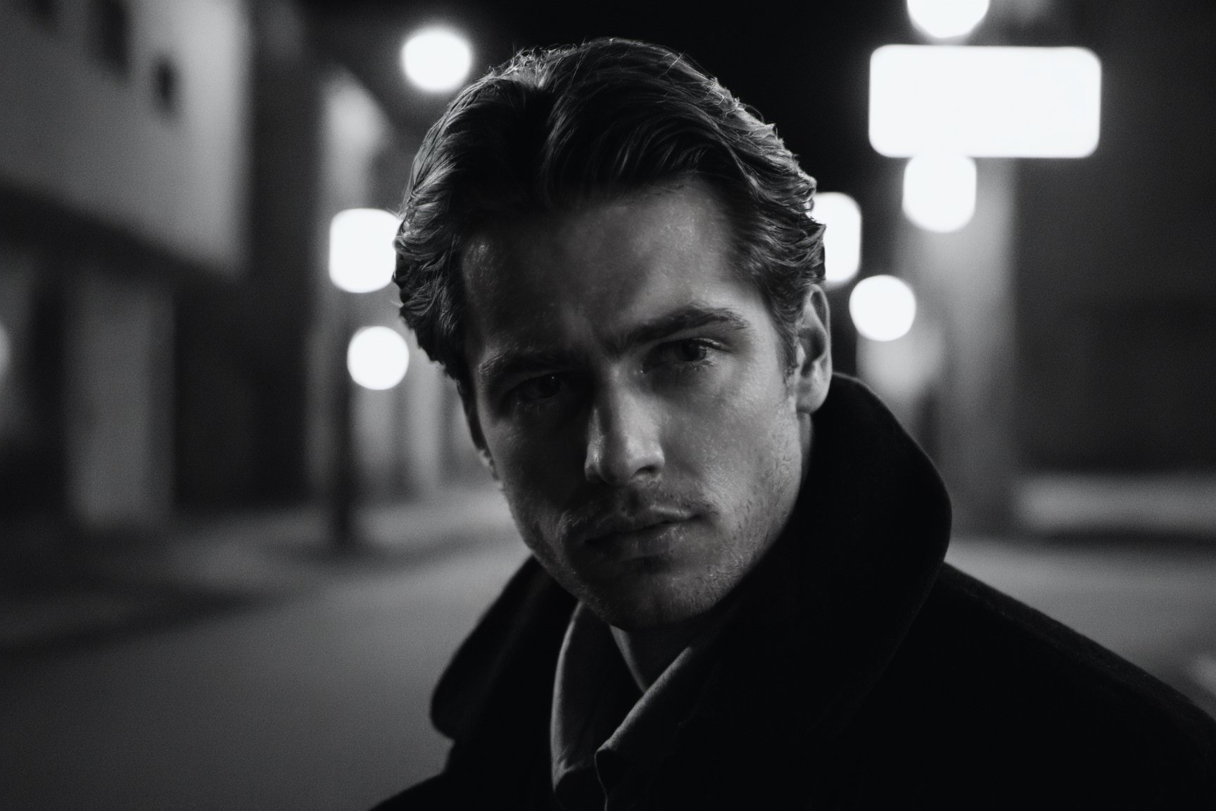 Cinematic, Photograph of a sad handsome young man close-up walks at night along a city street past squalid five-story panel houses, photorealism, cinematic,photo r3al,male,Movie Still