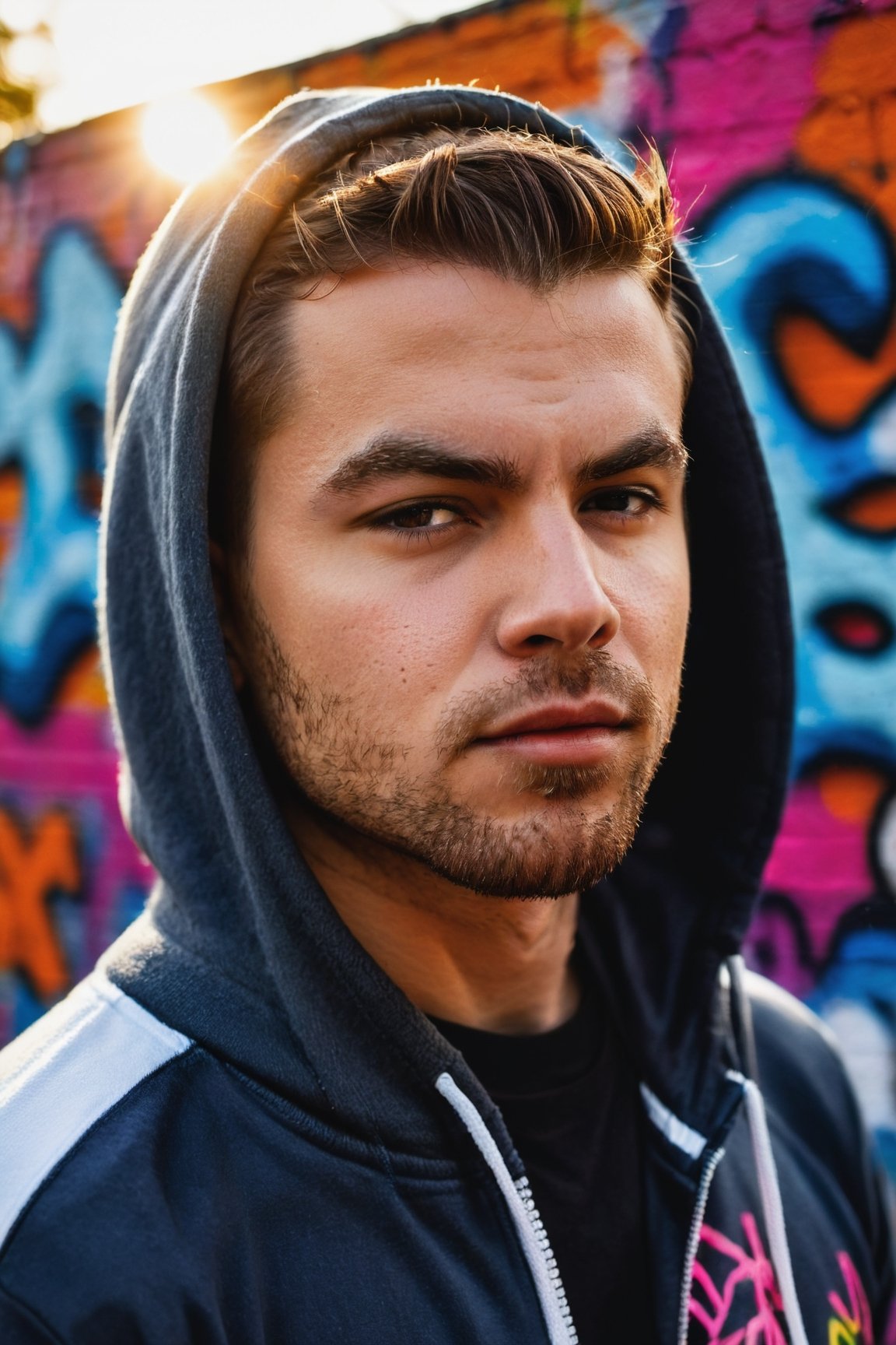 a captivating portrait of a ((handsome young man)), slumped against a wall adorned with vibrant graffiti, the sunset behind him creating elongated shadows, shallow depth of field highlighting, an urban backdrop setting the stage, captured with high-contrast chiaroscuro, Dressed with Pullover Hoodie, Zip Bottom Jogger, r4w photo
,male