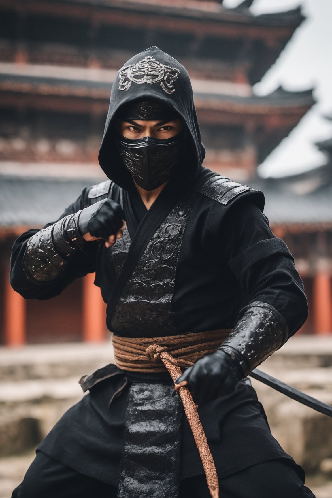 close-up shot of a young male ninja wearing black ninja suit fighting | looking at camera | blurred bokeh ancient temple background