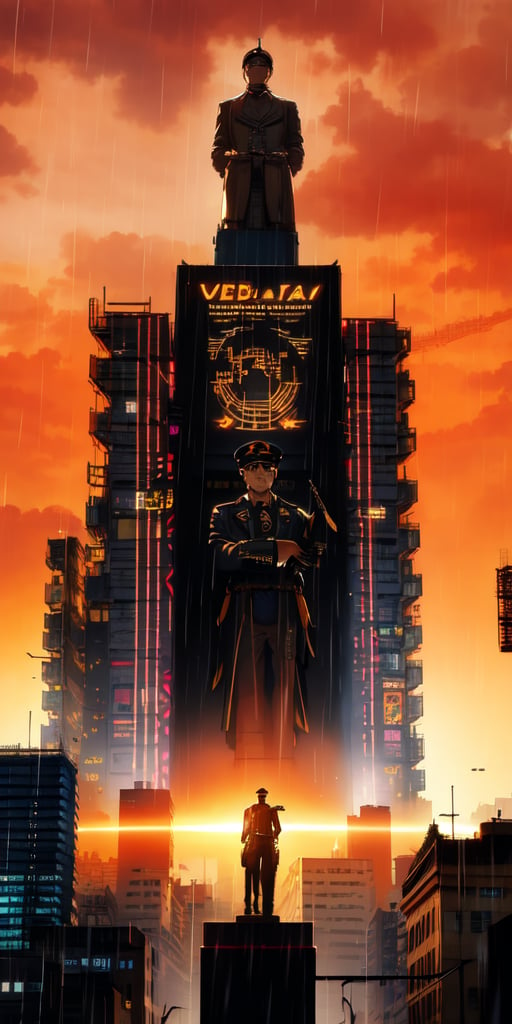 vhs, 1_guys, steampunk, dystopian future, german, dictator statues, graffiti, rebellion, smog, orange skies, rain, city