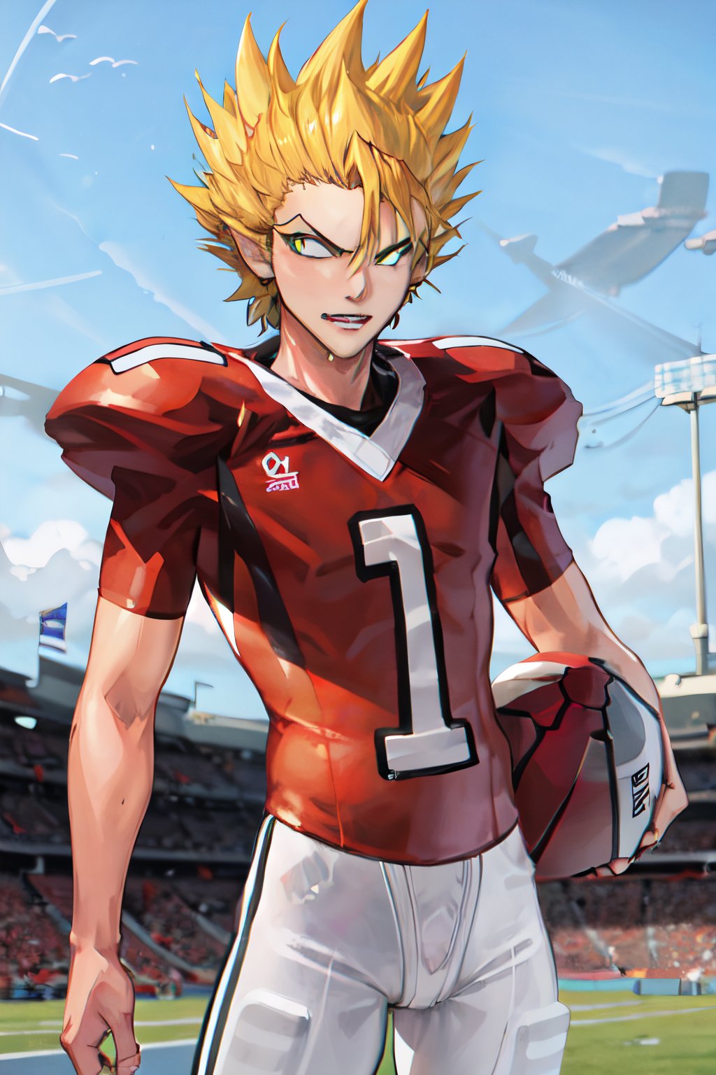 masterpiece, best quality, highres, youichi, 1boy, spiked hair, blonde hair, cowboy shot, green eyes, american football uniform