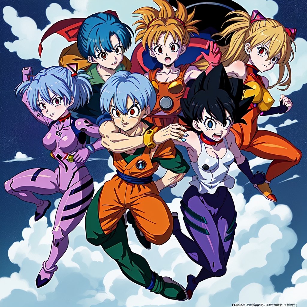 evangelion, dragon_ball, ayanami_rei, goku, blue_hair, asuka_langley_souryuu,  toriyama akira (style),  plug_suit, saiyan, super saiyan, 