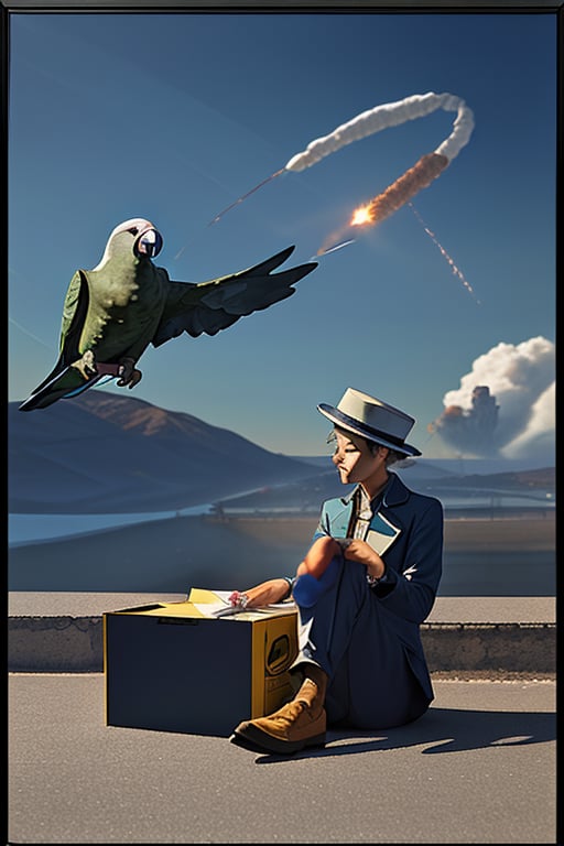 box of cigarettes, realistic photography, advertising photo frame, some parrot, flying, nuclear bonb far away explotion
