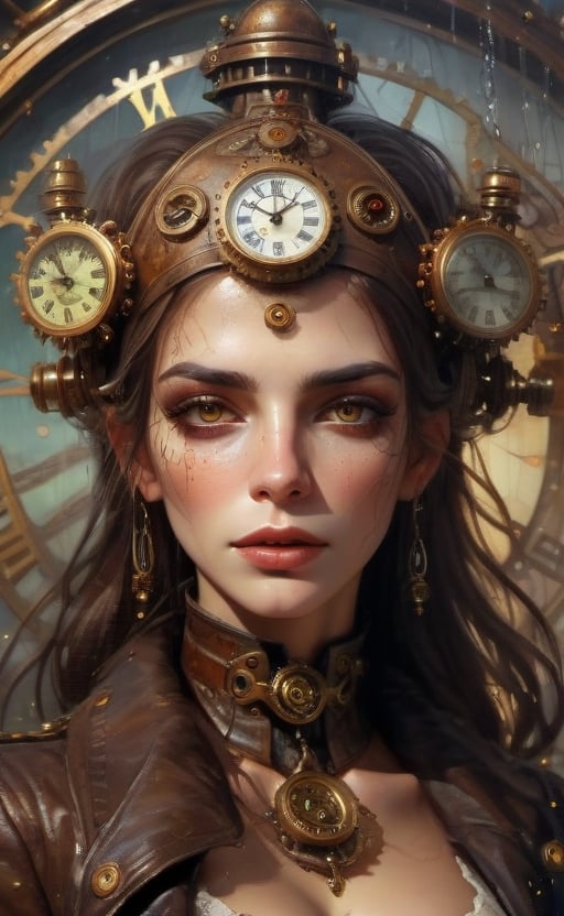 olpntng style, high quality steampunk portrait of the woman called Goddess Time with a clock for a head played by Sam Elliott, clock goggles, amazing background, by tomasz alen kopera and peter mohrbacher, dripping sparks, rain, sharp focus, clear, vibrant, denoised, intricately detailed, amazing clock, 8k, steampunk clock render engine, oil painting, heavy strokes, paint dripping,HZ Steampunk,dashataran,3d style,LinkGirl,xxmix_girl,3d,FilmGirl