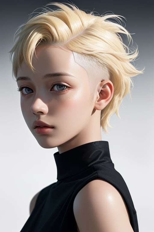 a 14 yo girl, blonde, (hi-top fade:1.3), dark theme, soothing tones, muted colors, high contrast, (natural skin texture, hyperrealism, soft light, sharp)