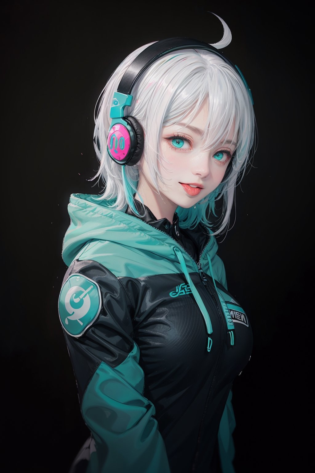 --[[ :p ]]-- (black background) (upper body) (pov from the side) (kawaii) (cute art style) (cyan hood over head) (black gaming headphones) white hair, angry cyan eyes, cute happy smile, tongue sticking out, cyan hoodie, look at viewer, visible breasts, bare breasts, boobs, wetpussy, masturbation,